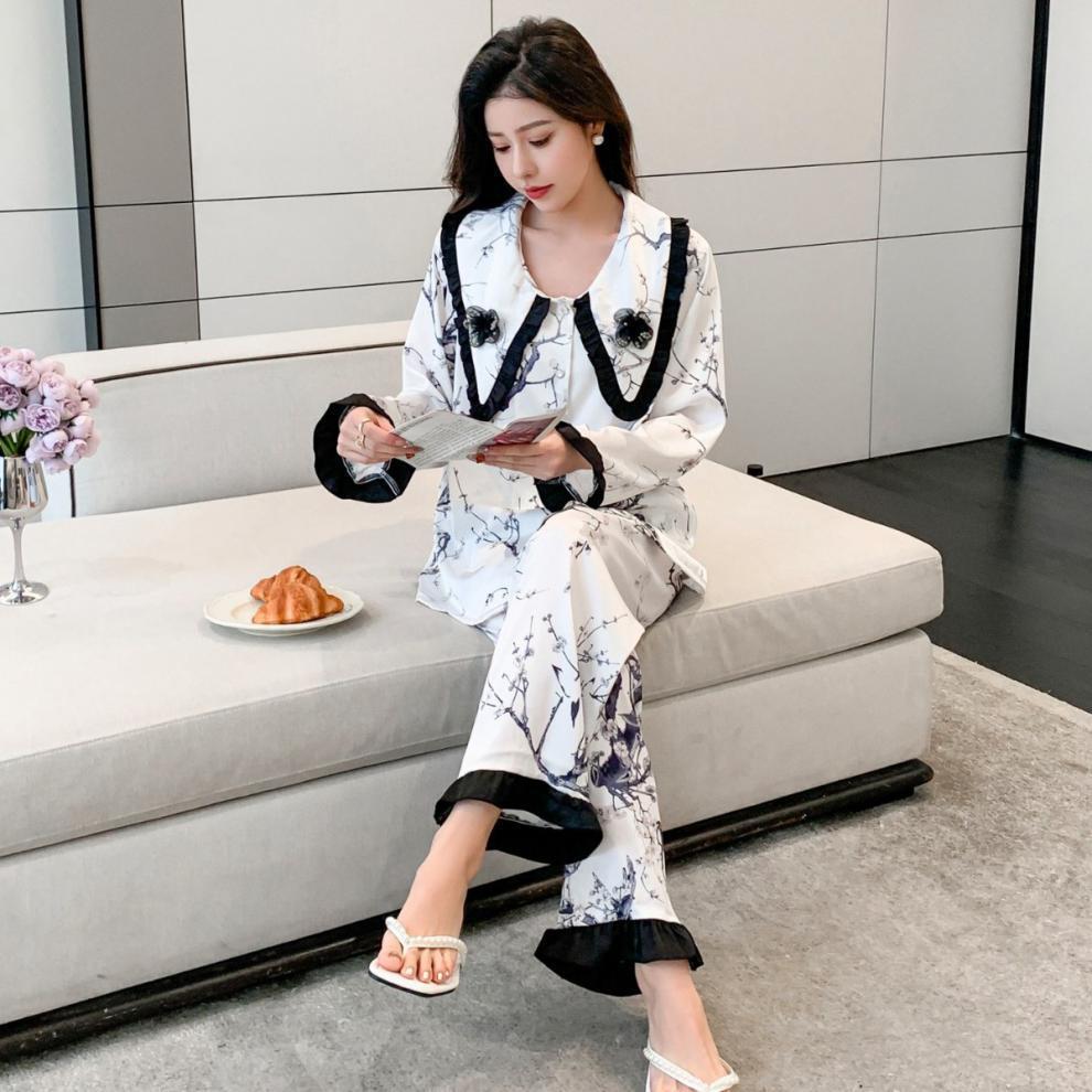 Ink Element Cool Big Lapel Spring New Pajamas for Women Ice Silk Long-sleeved Casual Home Wear