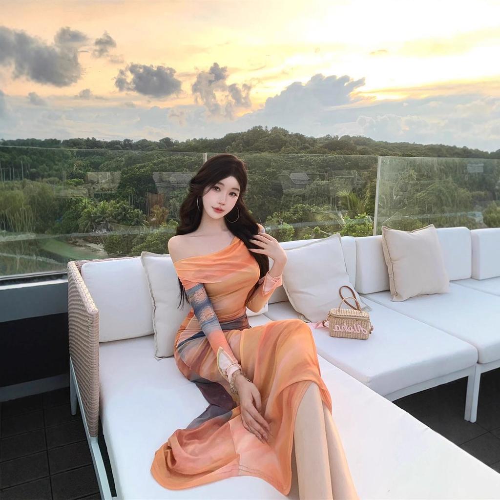 Design Sense Sunset Tie-dye Printed Swinging Neck Mesh Dress Feminine Temperament Slim Waist Skinny Holiday Long Skirt