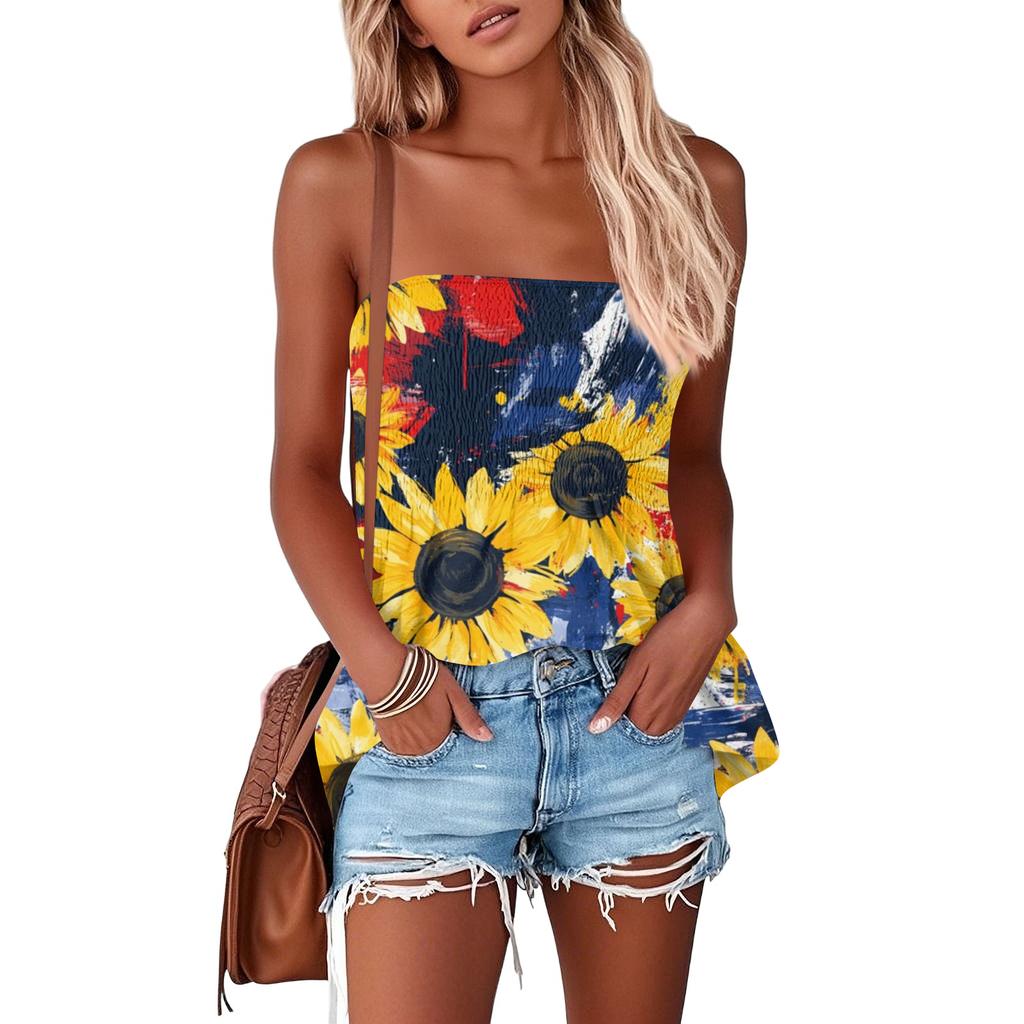 Kadınlar İçin Tüp Üstler, Sevimli Seksi Omuzdan Askılı Baskılı Kolsuz Tişört