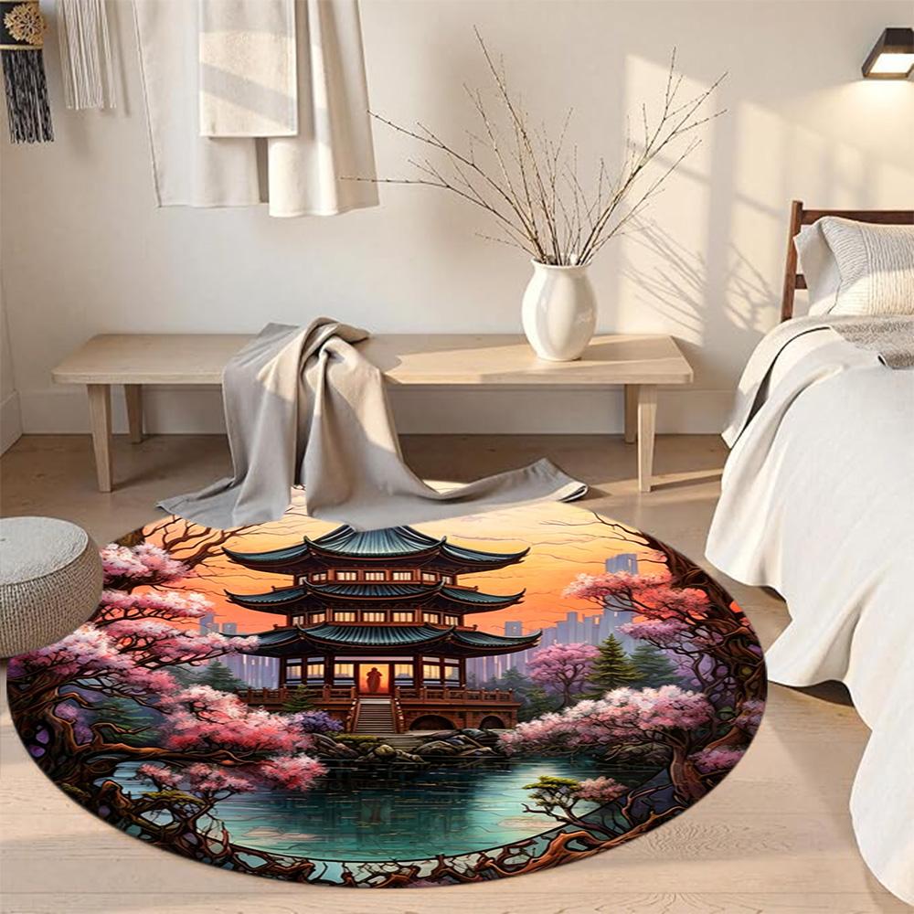 Chinese-style Architecture Round Carpet Perfect for Dormitory Foyer Balcony Living Rooms Anti-slip Round Rug Decorate Offices Best for Christmas