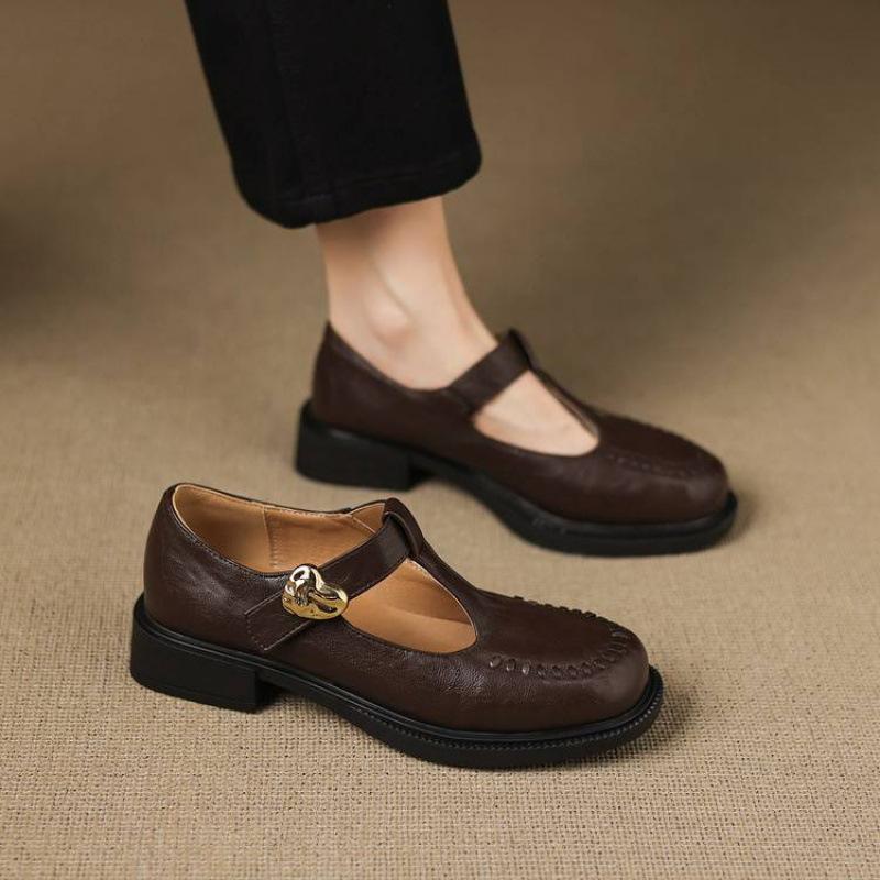 New Women's Solid Color Round Head Low-top Small Leather Shoes Comfortable Thick Sole Non-slip Large Size Women's Shoes Medium Heel Four Seasons W