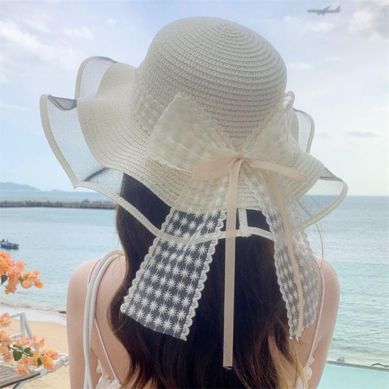 Small Fresh and Sweet Seaside Bow Mesh Sand Sunscreen Straw Hat Wavy Ribbon Fashion Streamer Large Brim Sun Hat