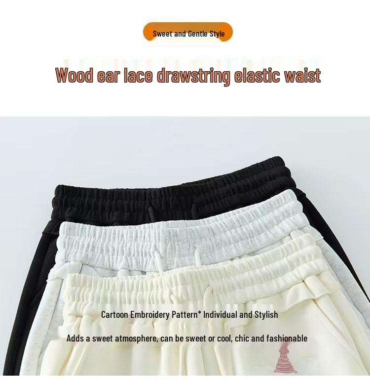 Princess Style Cartoon Embroidered Wide-Leg Drawstring Pants for Women