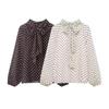 Women's Summer Loose-Fit Simple Bow Polka Dot Long-Sleeve Shirt with Elegant Slightly Stretchable Bell Sleeves