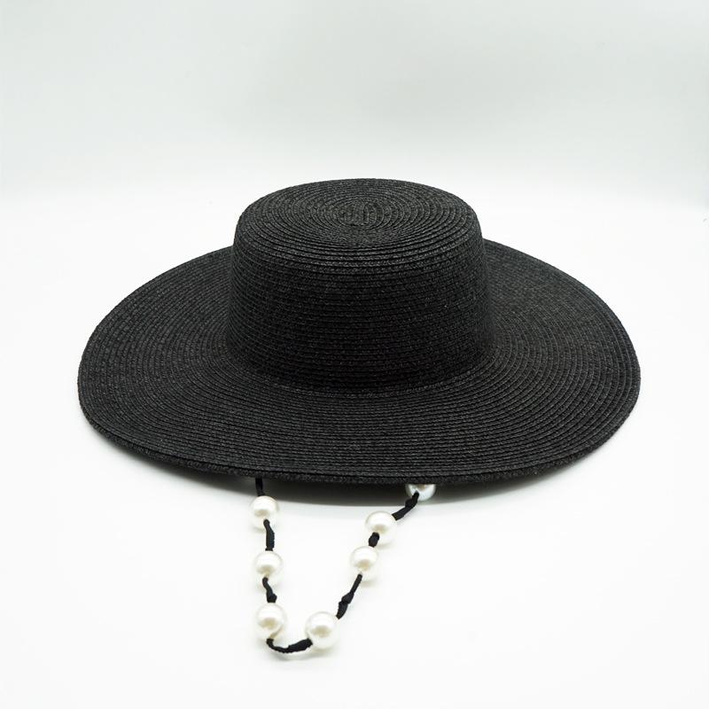 French Retro Internet Celebrity Pearl Chain Black Wide Brim Flat Top Top Top Hat Women'S Summer Sun Protection Shade Vacation Beach Straw Hat