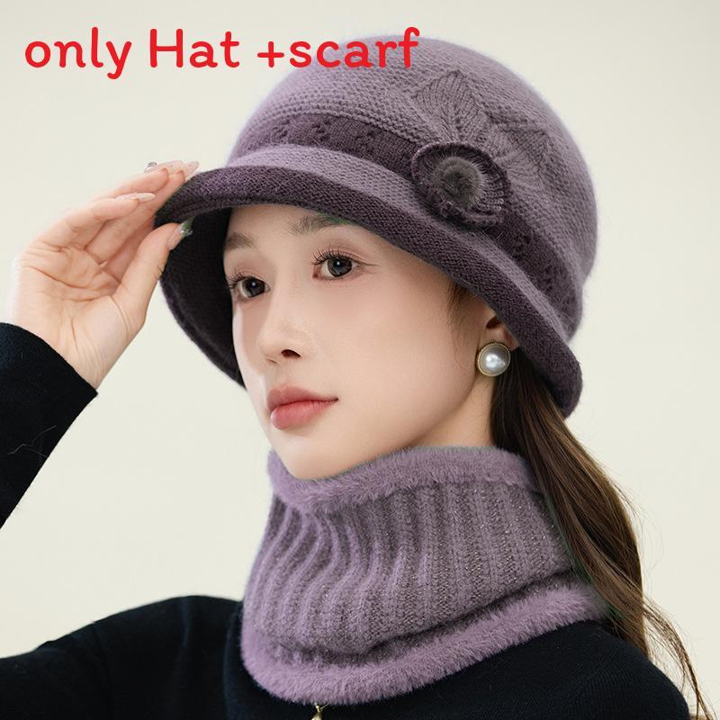 

Knitted Hat And Neck Warmer Set For Middleaged Women With Floral Embroidery For Autumn Winter Comfort