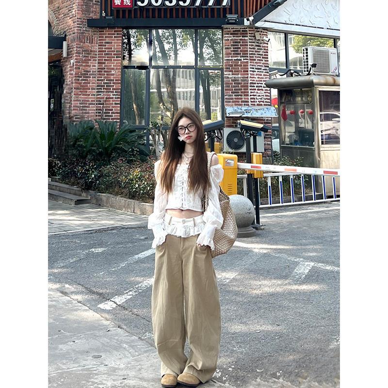 High Waist Lace Trim Wide Leg Denim Pants - Women s Retro Slimming Straight Leg, Floor-Length for Spring/Summer M