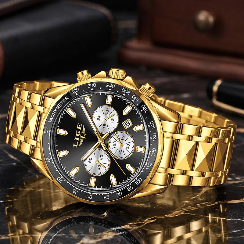 LIGE New Luxury Gold Men Watch Outdoor Sports Wateproof Chronograph Quartz Wristwatch Business Sport Male Clock Montre Homme+BOX