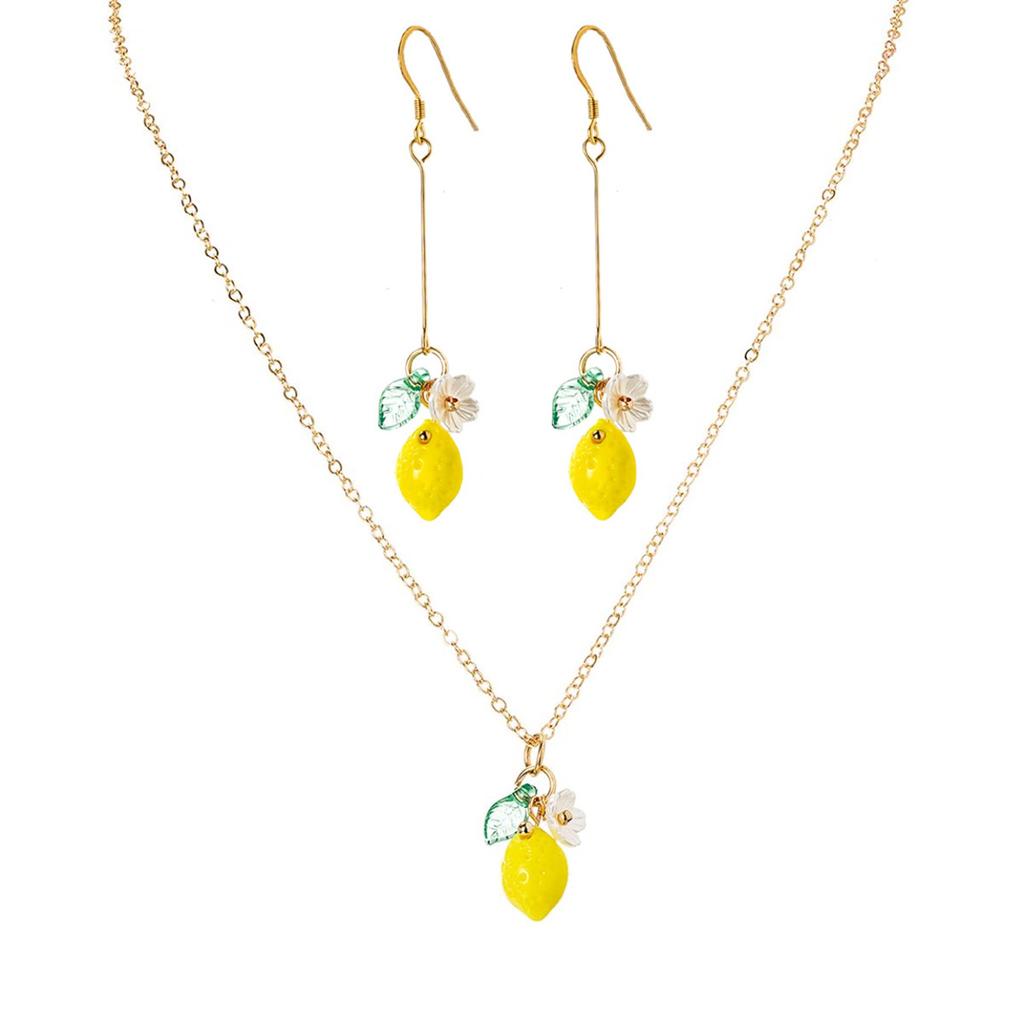 Conjunto de Collar y Pendientes de Limón Fresco, Cadena para Clavícula de Fruta de Verano con Goteo de Aceite, Estilo Dulce y Juvenil Dos Piezas Accesorios para Orejas
