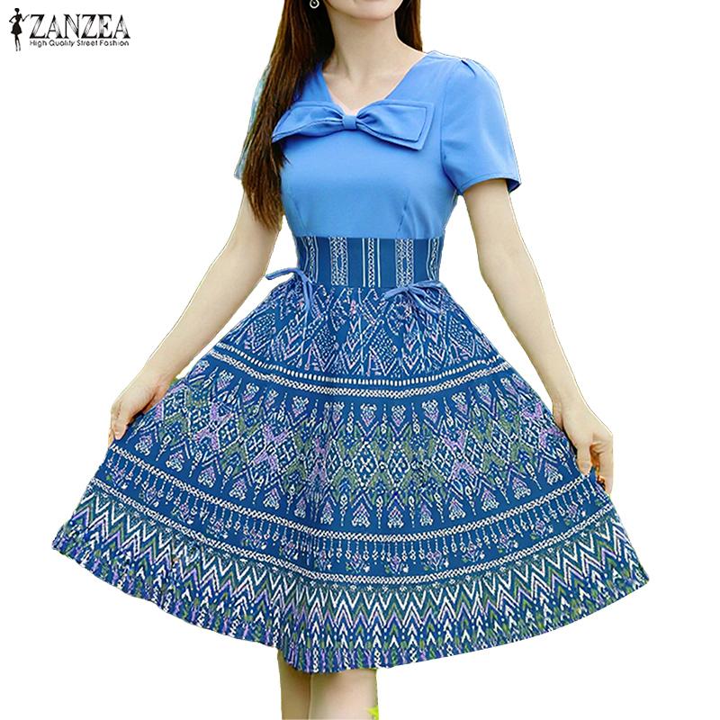 ZANZEA Women Summer V-Neck Short Sleeve Casual Print Dress