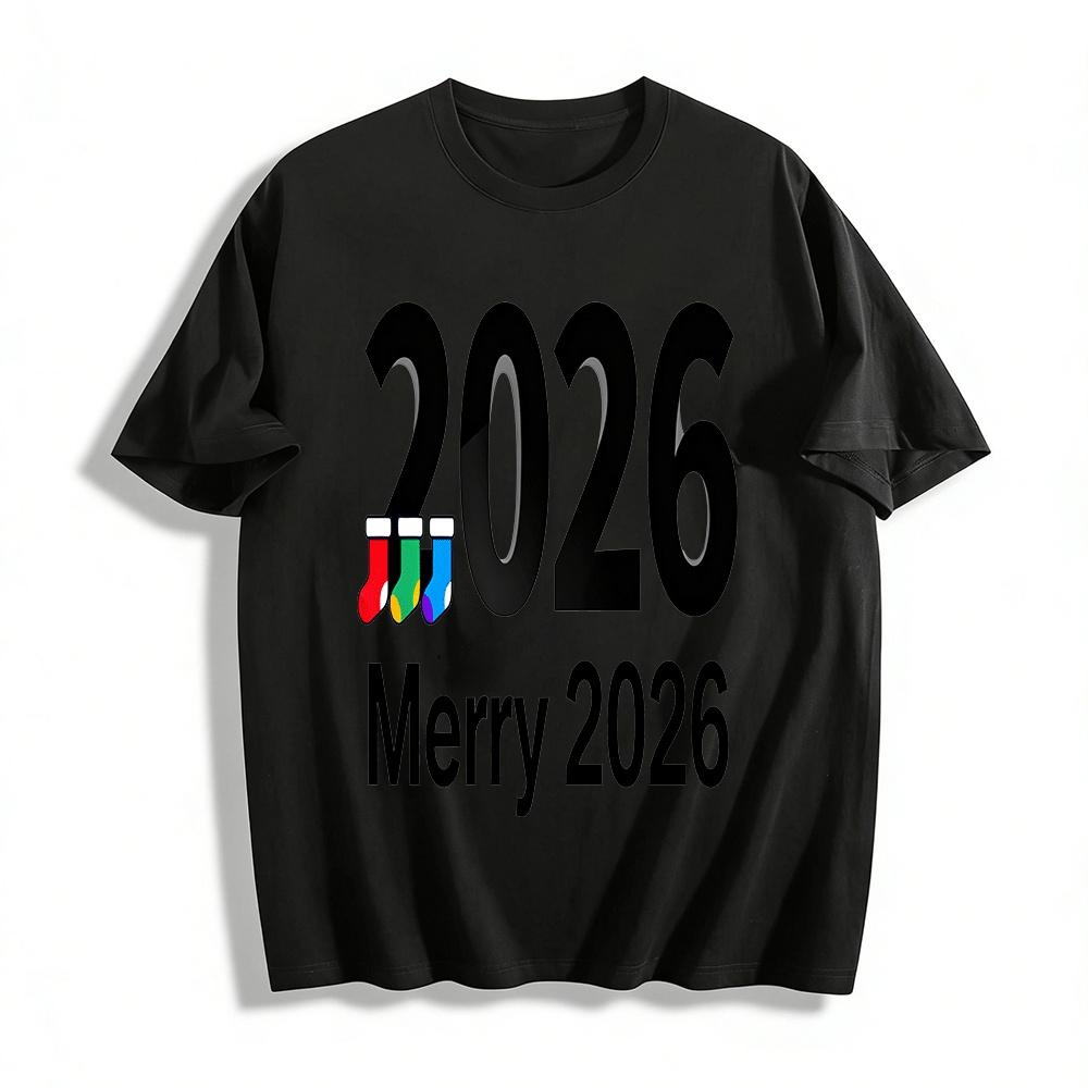 Merry 2026 Sock Print Casual Top Unisex Holiday Themed T-Shirt Pure cotton T-shirt XXS