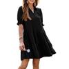 Casual Summer Swing Dress V Neck Short Sleeve Pleated Midi Flowy A Line Sundress Women Beach Dress with Lapel Collar