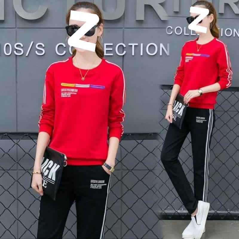 Frühling und Herbst Koreanischer Stil Sportbekleidung Bedruckter Mode Lässiger Anzug Damen Langarmhose Zweiteiliges Set