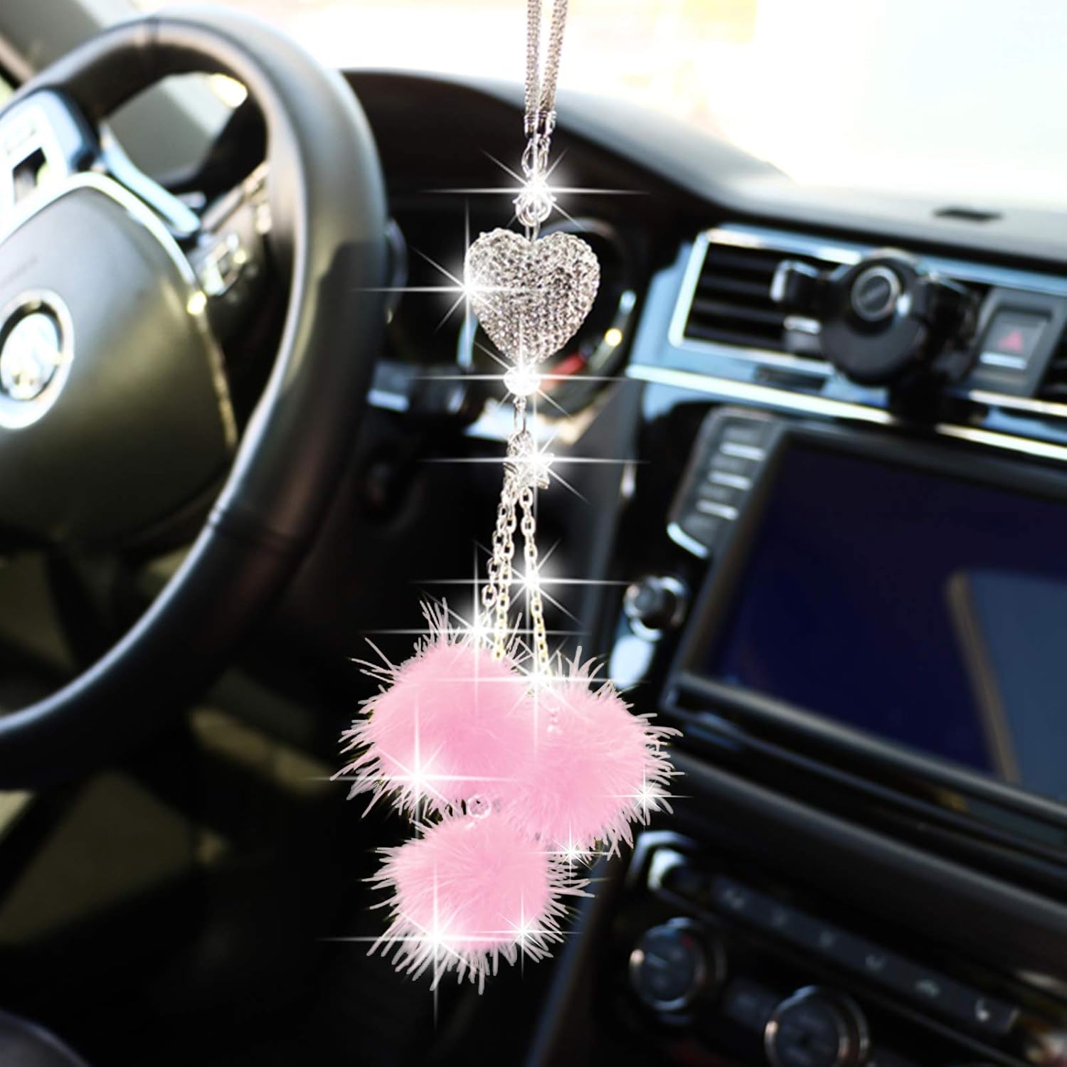 Car Rear View Mirror Charms for Women £ Men, Rinestones Diamond Love Heart and Pink Plush ball Bling, Lucky Crystal Hanging Accessories