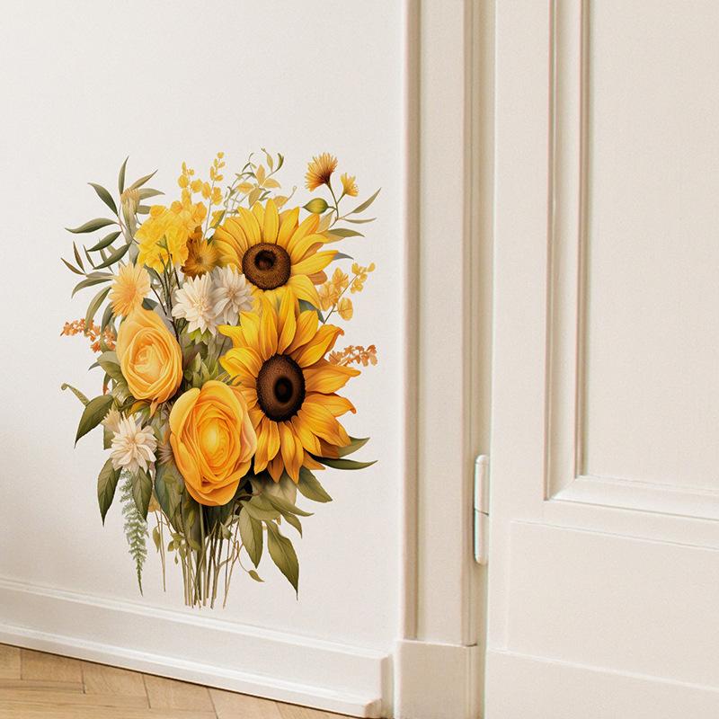 Warm Sunflower and Green Leaves Wall Sticker Self-Adhesive Removable Wall Decor for Bedroom Living Room Hallway Home Decoration
