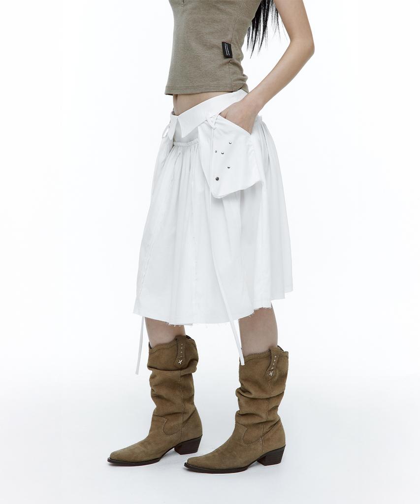 Rough Neck Out-Pocket Pleated Skirt White