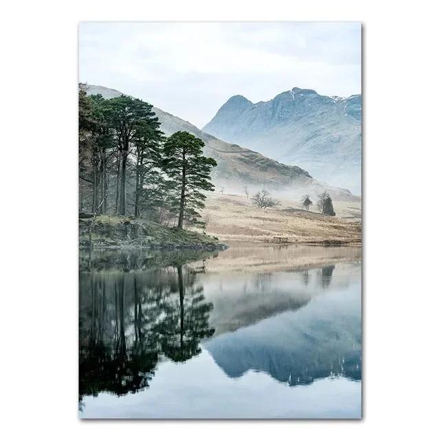 Nordic Natural Landscape Canvas Print Posters Animal Cow Deer Lake Snow Mountain Forest Railway Wall Art Decor Pictu