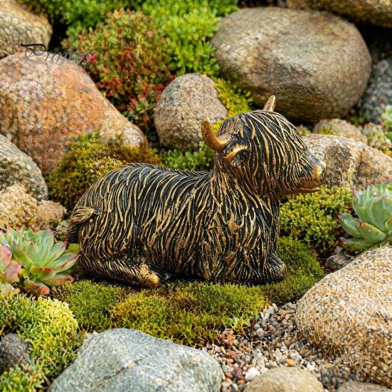 Vintage Copper Finish Garden Art Highland Yak Resin Figurines, Bronze Animal Statues, Weatherproof Sitting Set Farmhouse Decor for Living Room