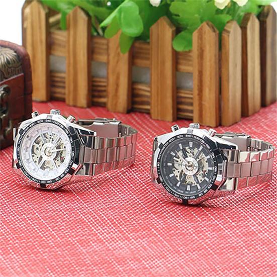 Men Hand-Winding Skeleton Automatic Mechanical Stainless Steel Sport Wrist Watch