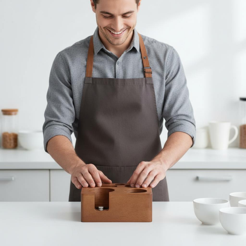 Wooden Espresso Tamping Station Multi-Functional Portafilter Stand Coffee Tamper Holder Anti-Slip Base for Cafe, Home Kitchen