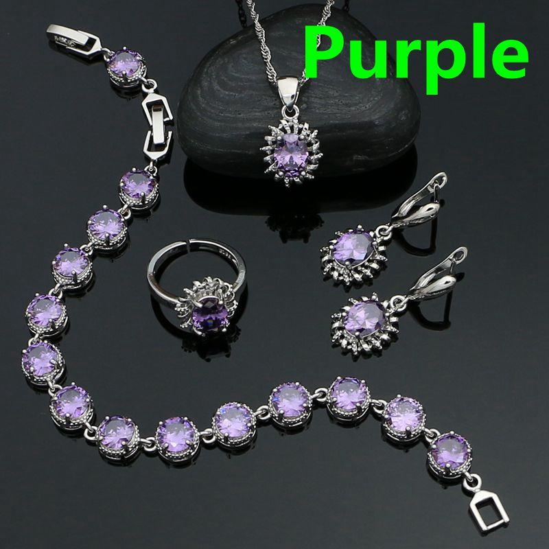 

925 Silver Jewelry Set Emerald Cubic Zirconia Adjustable Ring Earrings Pendant Chain Bracelet Anniversary Jewelry for Women фіолетовий