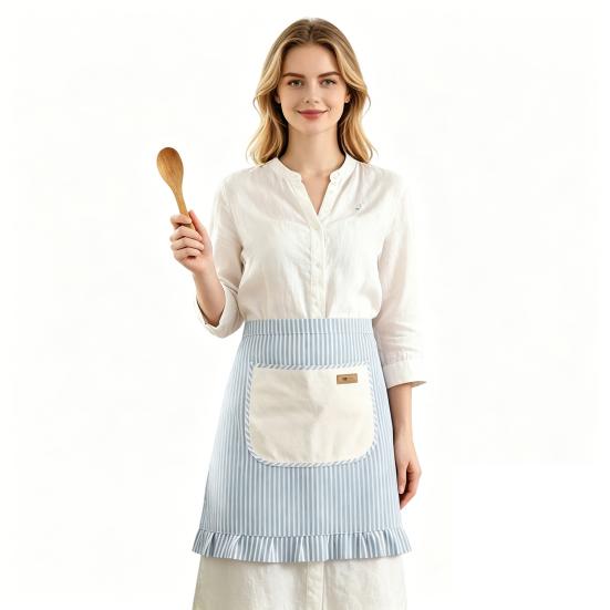 Mezzo Grembiule con Orlo Arricciato Grembiule con Pettorina Regolabile Tasca Grande Design a Righe Traspirante Grembiule da Vita in Cotone-Lino per Cucina, Cottura, Giardinaggio