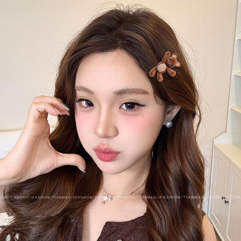 Korean Cute Brown Flocked Bear Hair Clip for Bangs