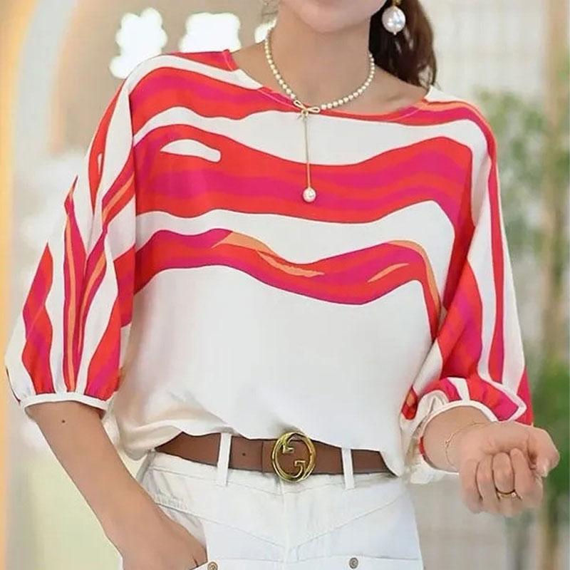 

Элегантная блузка с круглым вырезом и рукавом три четверти, повседневная, с контрастными цветами и нерегулярным принтом, женская одежда, летняя, для работы, свободная рубашка XXXL красный
