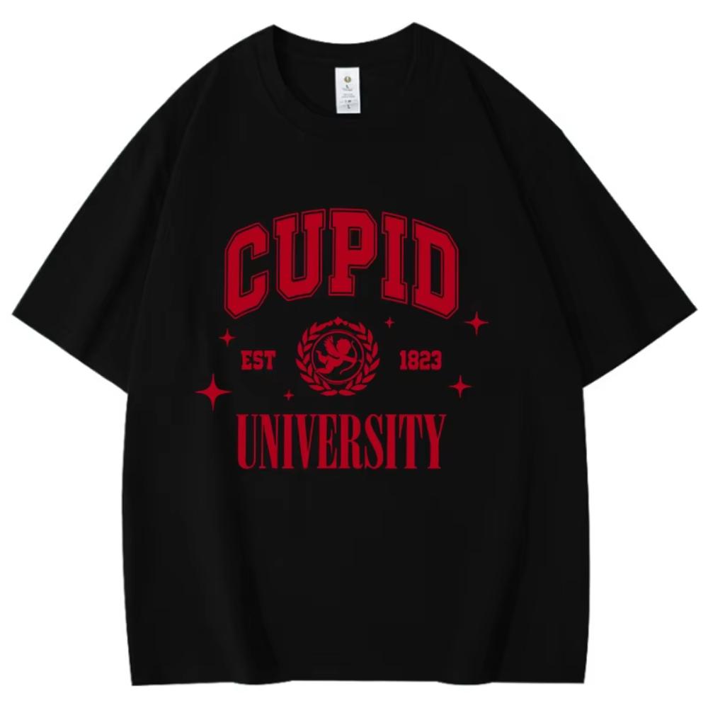 

Hot Sales Cupid University Letter Print Cotton T Shirts Women Men Summer Cool Short Sleeves Personal Harajuku Oversized T Shirt 4XL