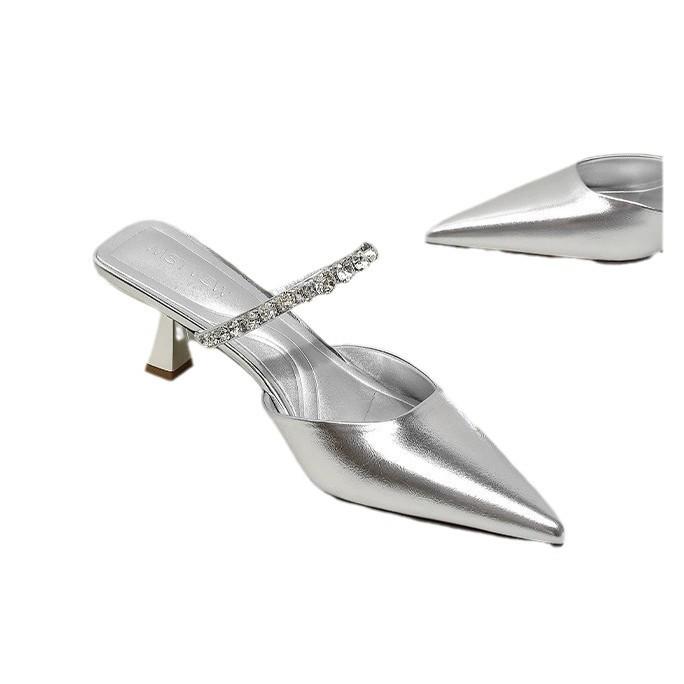 Pointed rhinestone low-heeled shoes girl 2025 new nude French fairy wind bag head half slippers one pedal women's shoes