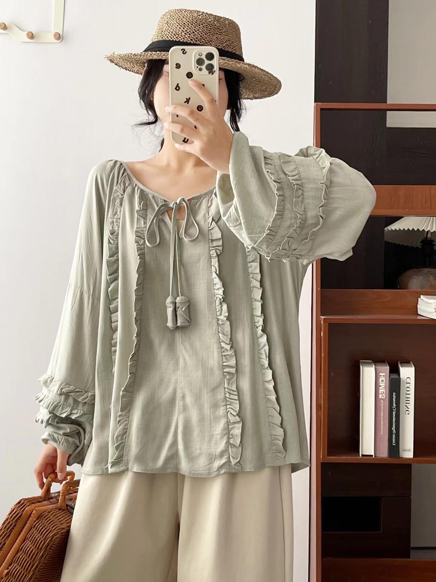 

Johnature Свободная универсальная рубашка женская весна-лето с круглым вырезом повседневная простая оборка женские блузки One Size светло-зеленый