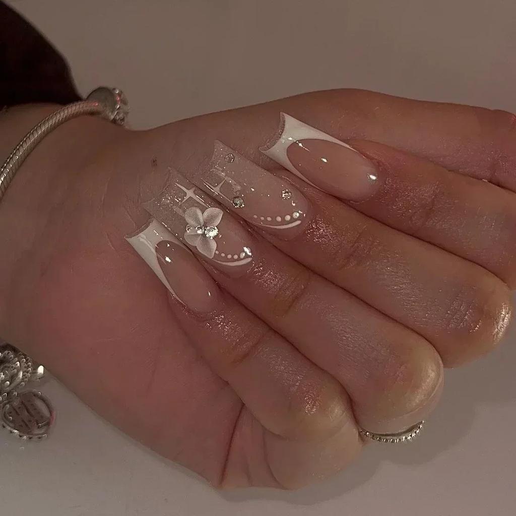 24Pcs Long French Fake Nails with Glue Ballet False Nails Butterfly Rhinestone Design Press On Nails Wearable Coffin Nail Tips