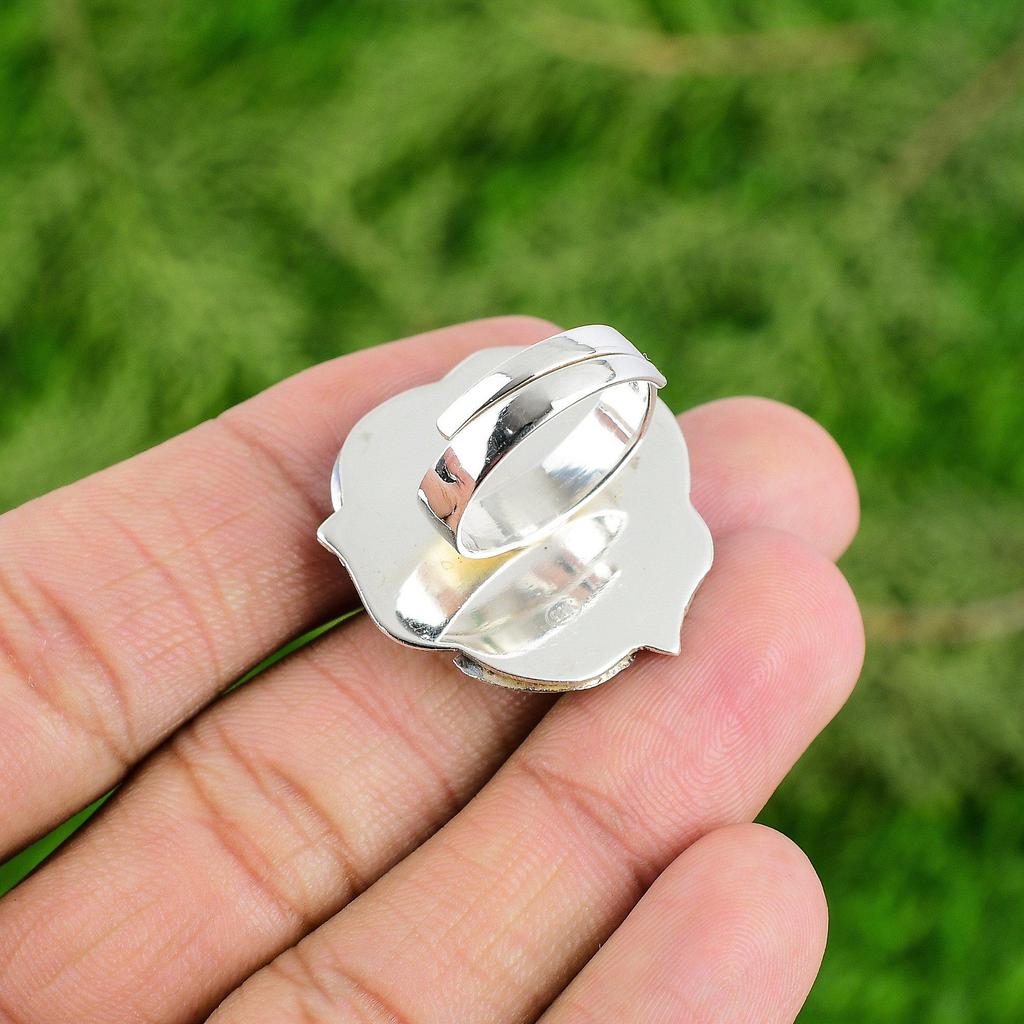 Natural Rainbow Moonstone 925 Silver Promise Flower Adjustable Ring For Women