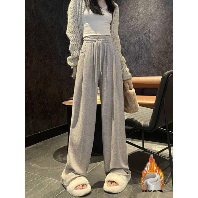 Petite Women's High-Waisted Velvet Pants: Thick, Glutinous Rice Texture, Casual, Slimming, Loose, Straight & Wide Leg, Floor-Length for Autumn/Winter.