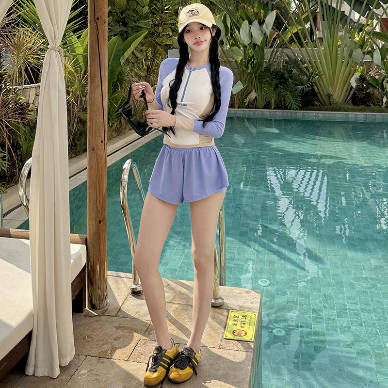 Women's Long Sleeve Two-Piece Surfing Swimsuit: Conservative, Slimming, Quick-Dry, Sun Protection for Snorkeling, Rafting, Diving.
