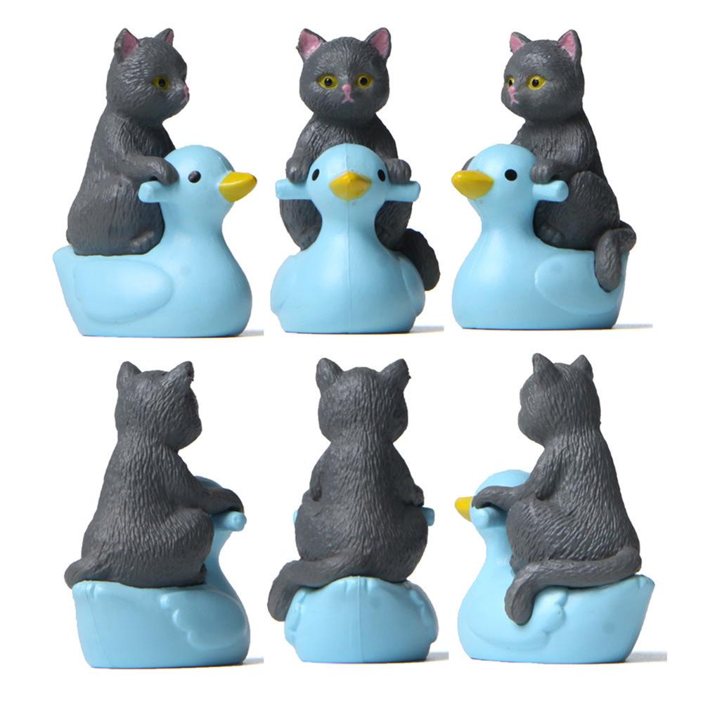 Playful Series: Hand-Painted Cats & Kittens on Ducks - Micro-Landscape Figurines