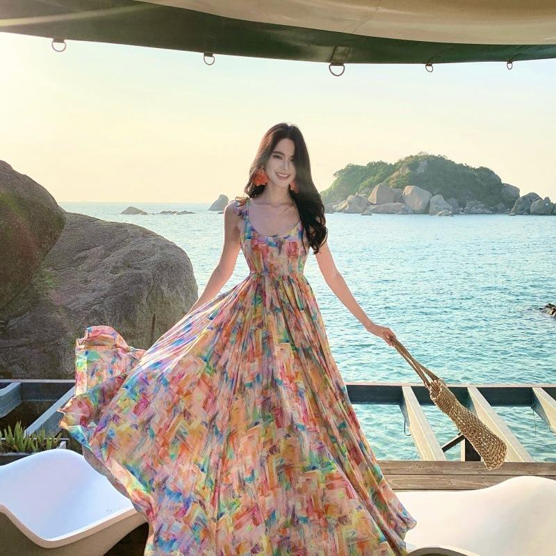 Seaside Vacation Dopamine Gentle and Beautiful Chiffon Print Suspender Dress Women's Summer Big Skirt Long Dress