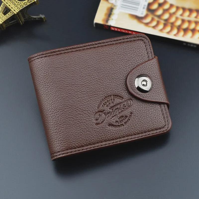 Men's Short Wallet with Magnetic Buckle, Multi-card Slots, Large Capacity, and Litchi Pattern - European & American Fashion.