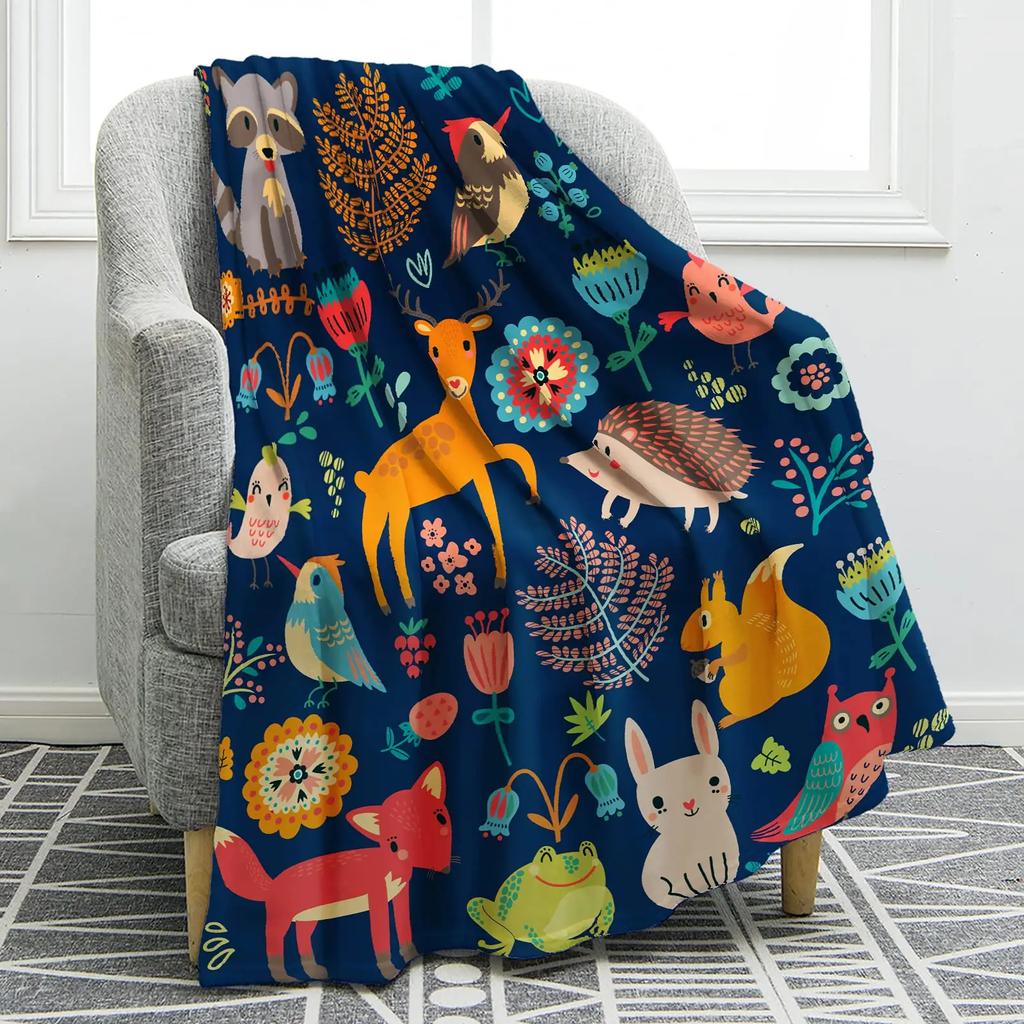 Cartoon Forest Animals Blanket Soft Warm Deer Rabbit Owl Fox Print Throw Blanket for Teens Adults Gift Sofa Chair Bed Office