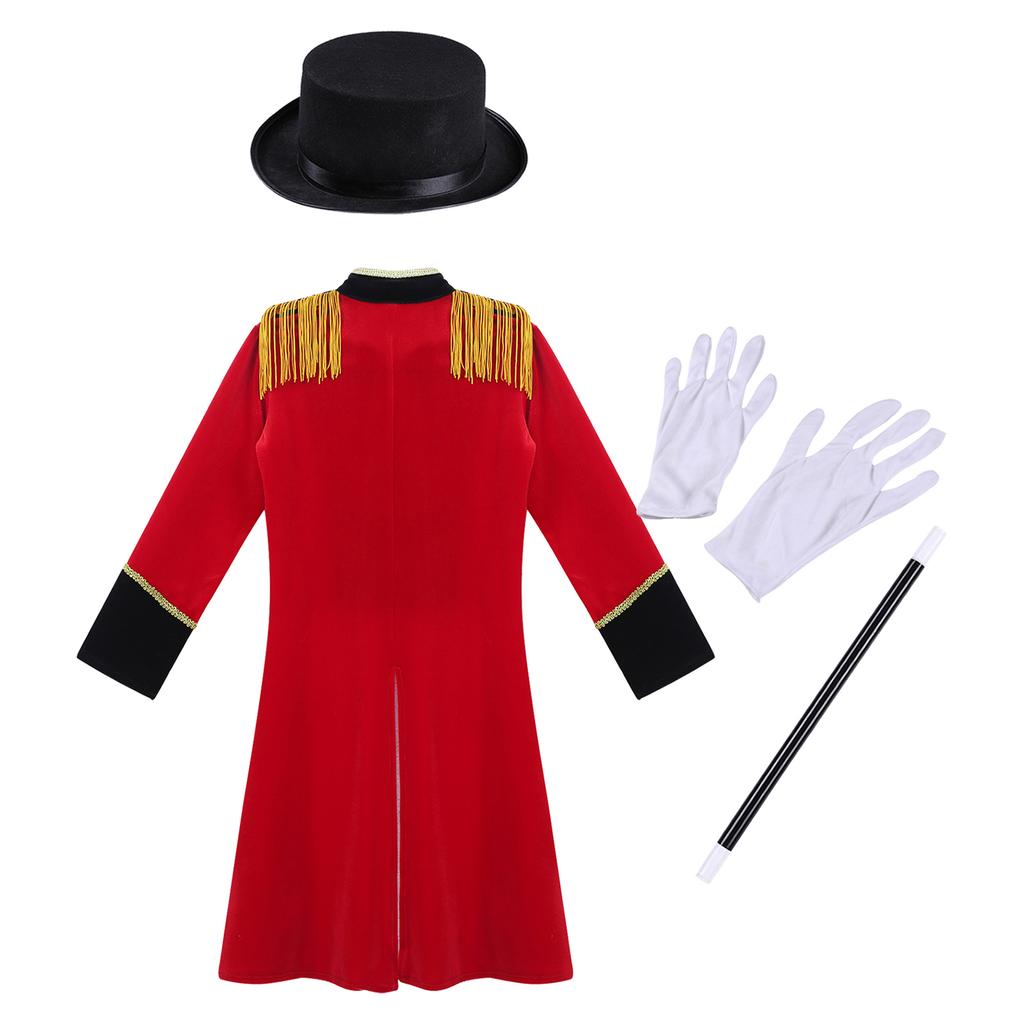 Boys Circus Costume Set Long Sleeve Stand Collar Tassel Shoulder Tailcoat Hat Magic Wand Gloves Performance