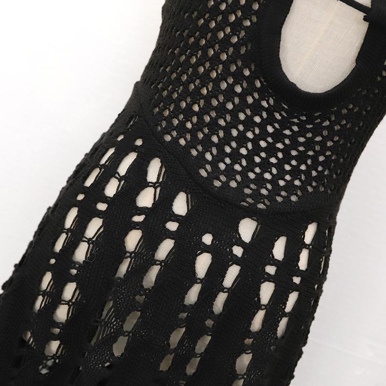Summer Women's Beach Dress Solid Hollow Knit Dress Sexy Swimwear Cover-up Tie Neck Hanging