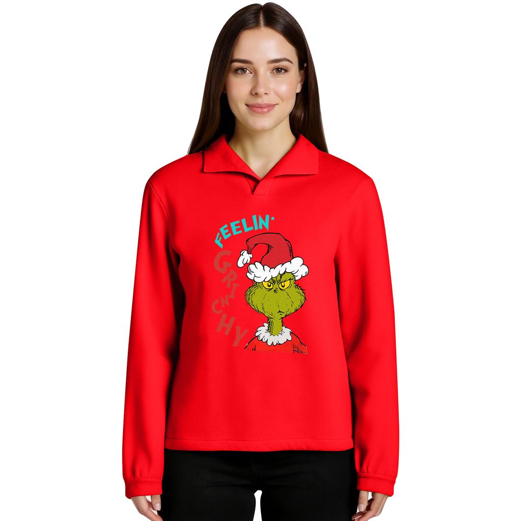 Women's Stand-up Collar Long-sleeved Pullover Top, Christmas Print Sports Top
