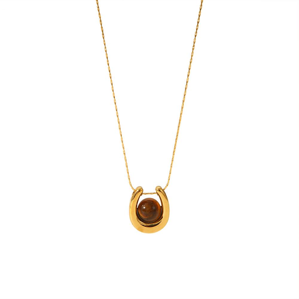 Trendy Stainless Steel Tiger Eye Stone Geometric Pendant Necklace for Women Fashion Jewelry