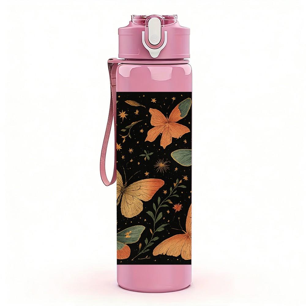 1PC Dark Butterfly Floral Square Pattern 750ml Color Plastic Sports Water Bottle Leakproof Flip Straw Lid Suitable for Sports Office Home Use
