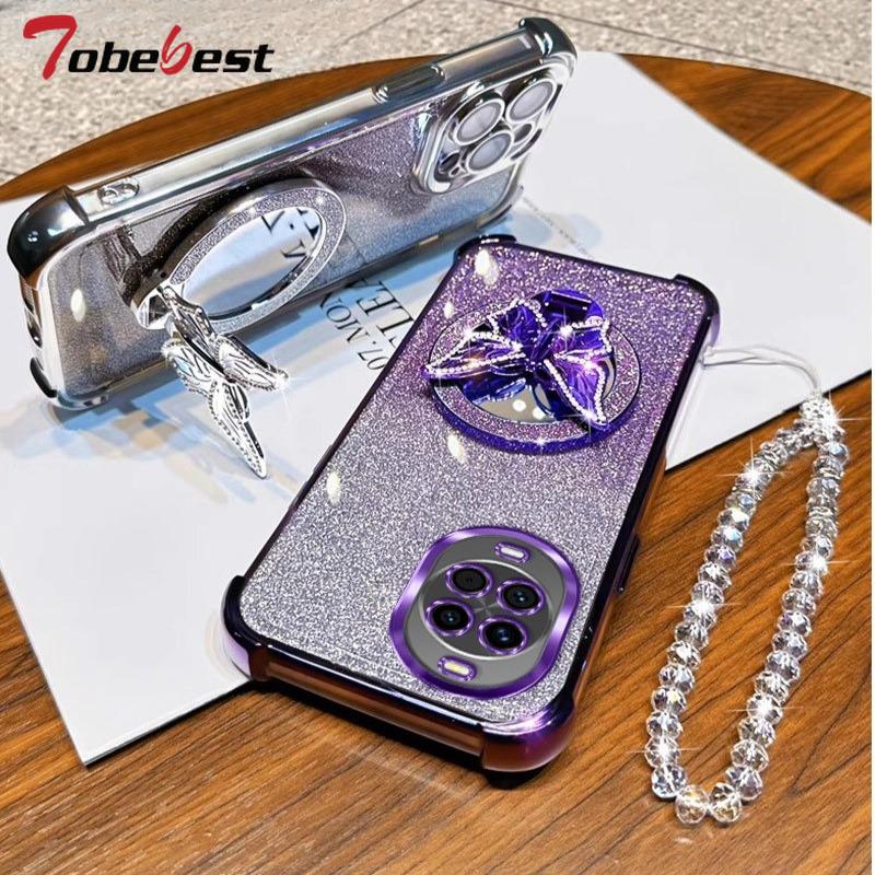 Glitter Butterfly Mirror Crystal Bracelet Case For Huawei Nova 14 Ultra 13 12 11 10 9 8 7 SE Pro Shockproof Plating Cover