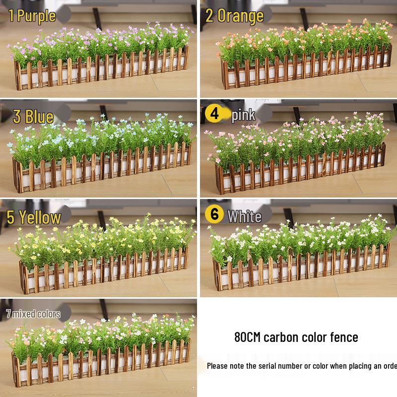 Silk Flower Pot with Wood Fence: Decorative Bonsai for Living Room or Office.