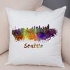 Watercolor City Skyline Cushion Cover Global Landmarks Art Print Soft Linen Living Room Bedroom Home Decor Pillow Case