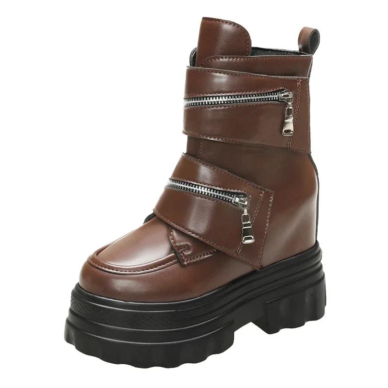 Fashion Women's Leather Ankle Boots Autumn Winter 11CM Heels Sneakers Round Toe Short Boots Woman Zip Motorcycle Platform Botas 2024