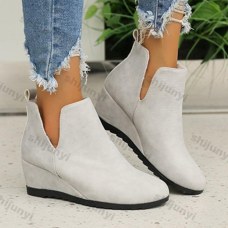 Fashion Women Wedges Ankle Boots Retro Luxury Suede Shoes Autumn British Style Mid Heels Boots Ladies Casual Botas Mujer Plus-size 42