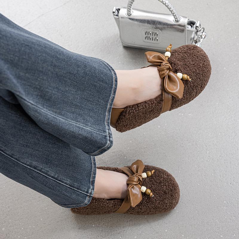 Fleece Lined Mary Jane Shoes Women's Autumn Winter New Style Red Trendy Slip-On Plush Cotton Shoes with Bow Tie Warmth